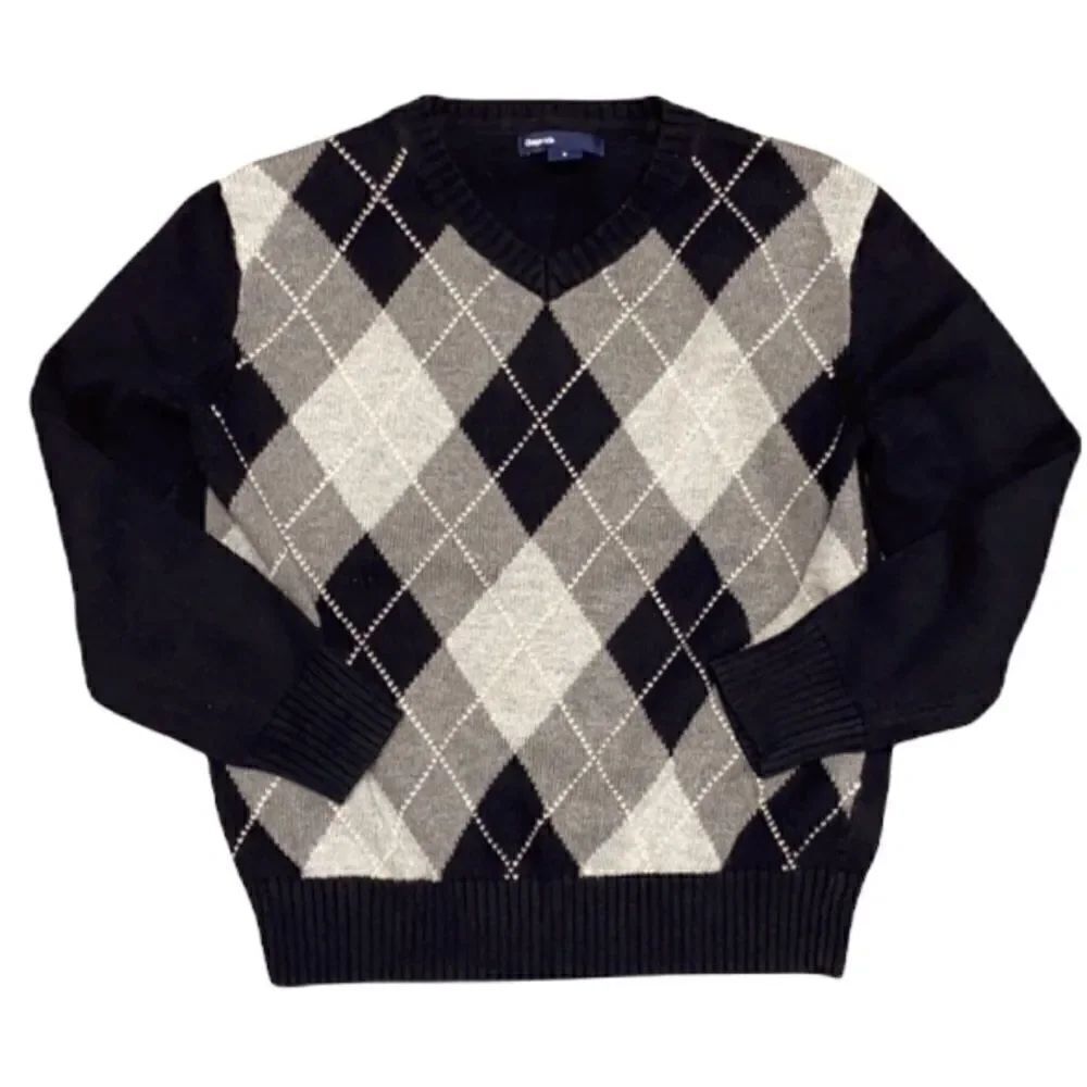 GapKids Black/Gray Argyle V-Neck Sweater Small